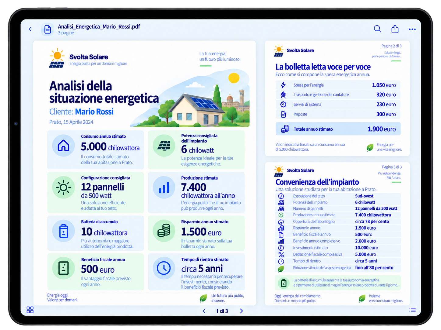 Le tre pagine del Piano Solare viste su un tablet: analisi della situazione energetica, bolletta letta voce per voce e convenienza dell'impianto