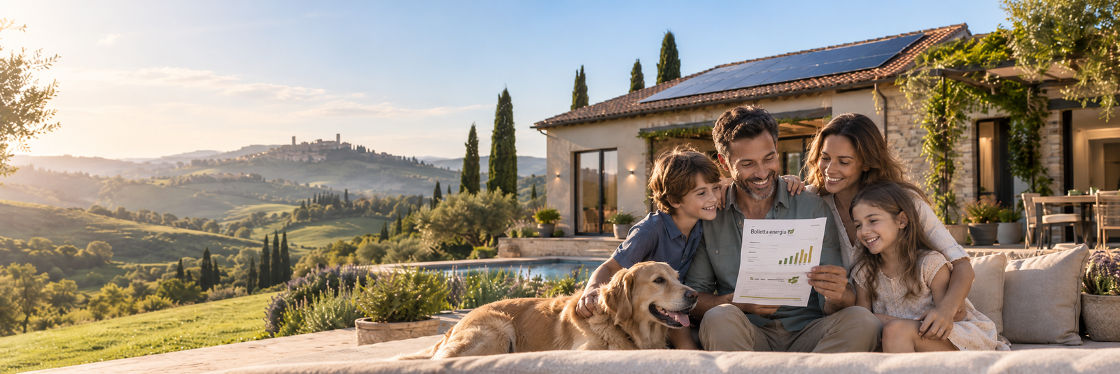 Una famiglia guarda la bolletta davanti alla propria casa in Toscana, con i pannelli fotovoltaici sul tetto